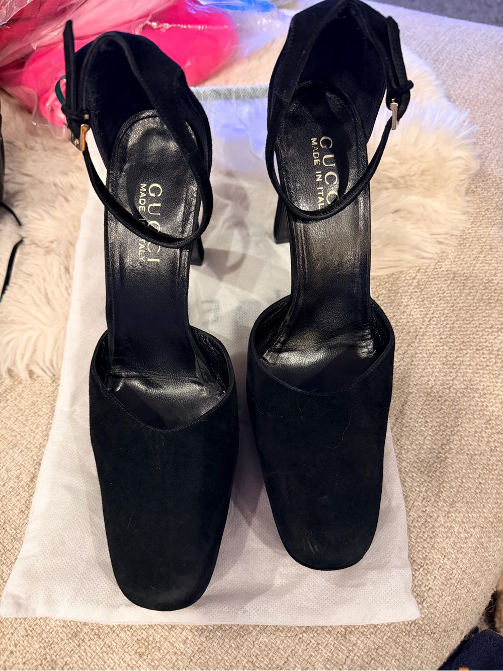 Gucci Black Suede Ankle-Strap Square-Toe Pumps